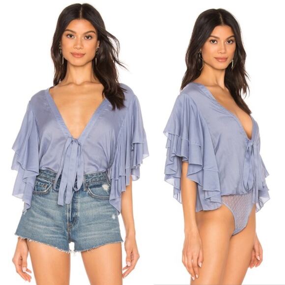 FREE PEOPLE • Periwinkle Ruffle + Lace Call Me Later Bodysuit - Picture 1 of 11